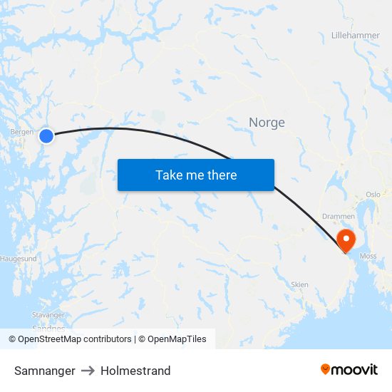 Samnanger to Holmestrand map