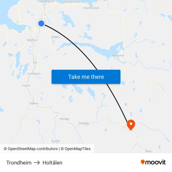 Trondheim to Holtålen map