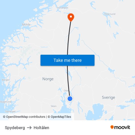 Spydeberg to Holtålen map