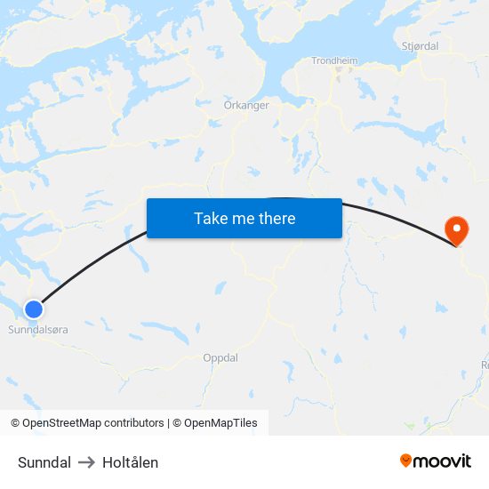 Sunndal to Holtålen map