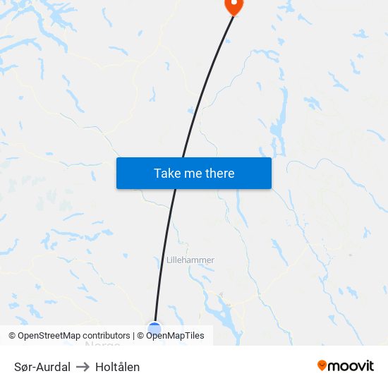 Sør-Aurdal to Holtålen map