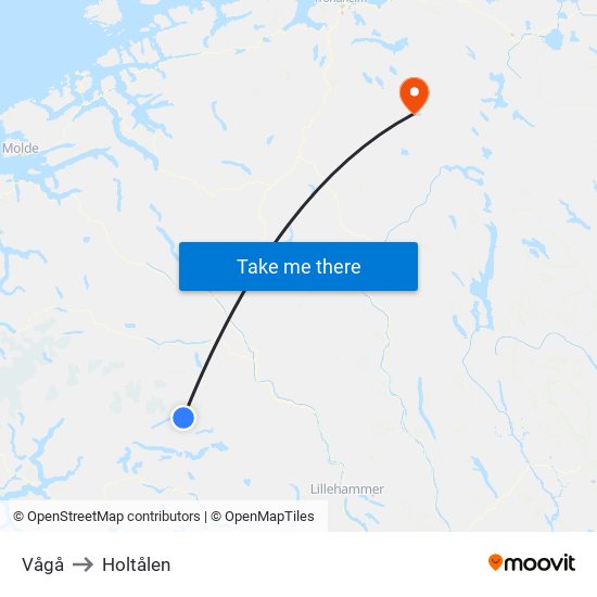 Vågå to Holtålen map