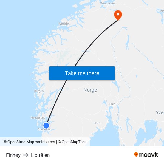 Finnøy to Holtålen map