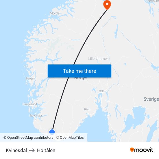 Kvinesdal to Holtålen map