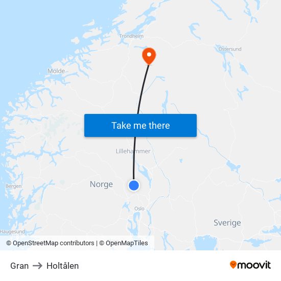 Gran to Holtålen map