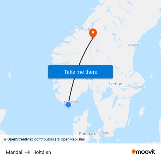 Mandal to Holtålen map