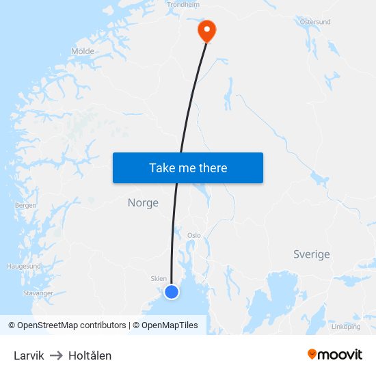 Larvik to Holtålen map