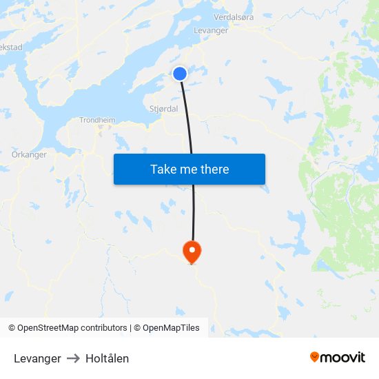 Levanger to Holtålen map