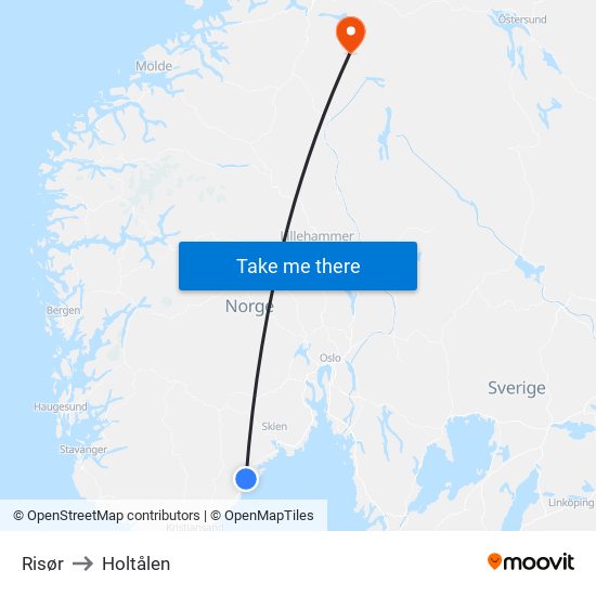 Risør to Holtålen map