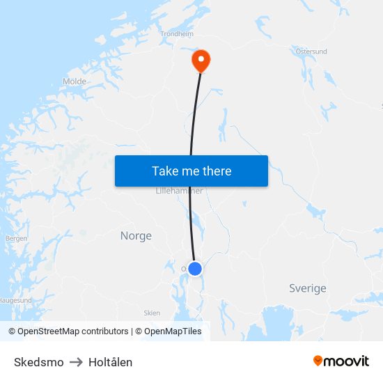Skedsmo to Holtålen map