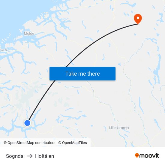 Sogndal to Holtålen map