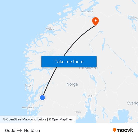 Odda to Holtålen map