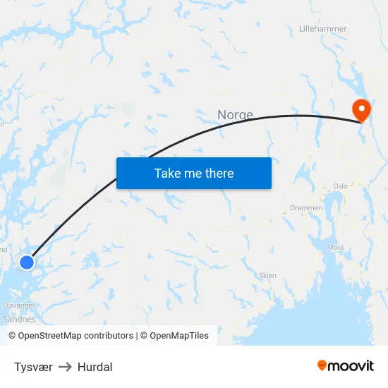 Tysvær to Hurdal map