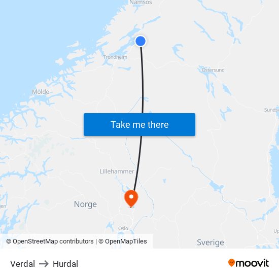Verdal to Hurdal map