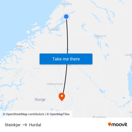 Steinkjer to Hurdal map