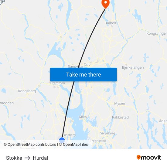 Stokke to Hurdal map