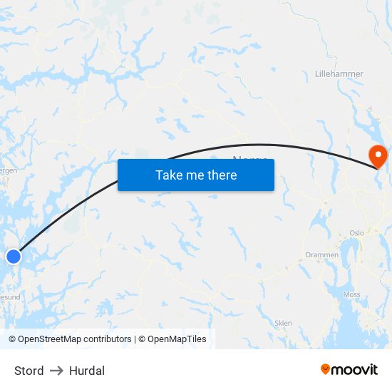 Stord to Hurdal map