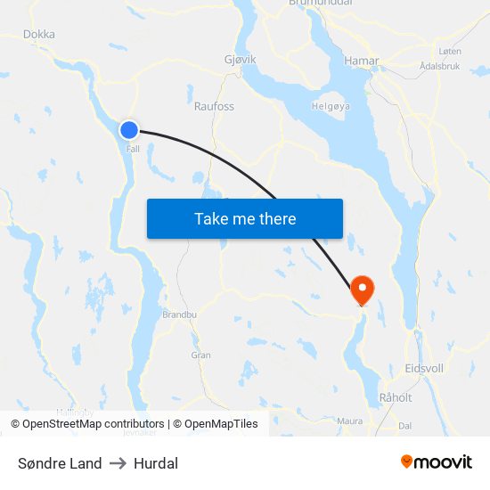 Søndre Land to Hurdal map