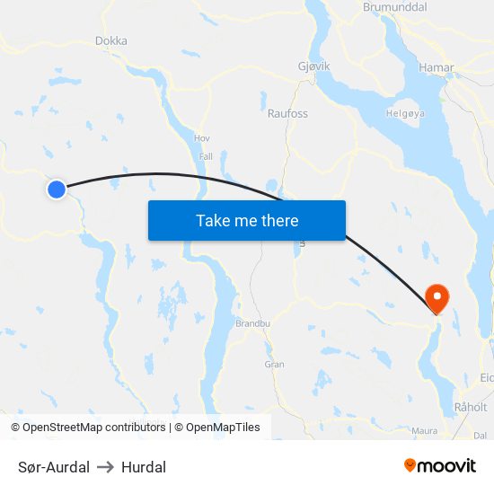 Sør-Aurdal to Hurdal map