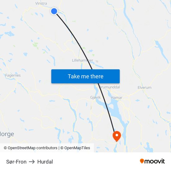 Sør-Fron to Hurdal map