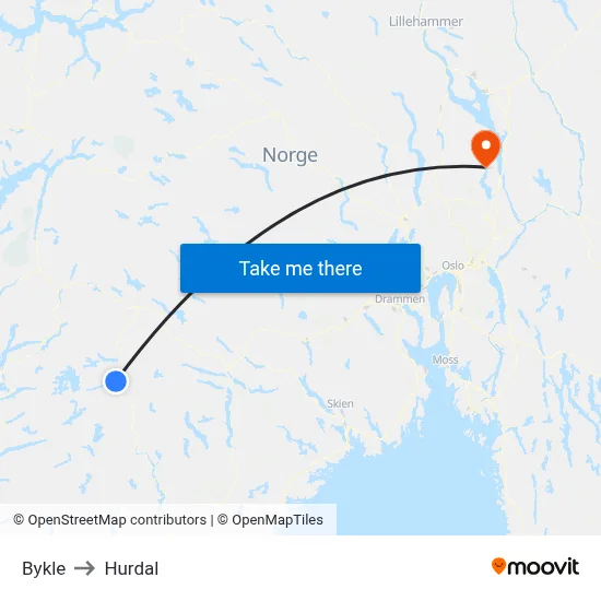 Bykle to Hurdal map