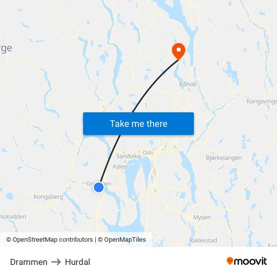 Drammen to Hurdal map