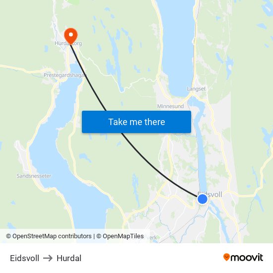 Eidsvoll to Hurdal map