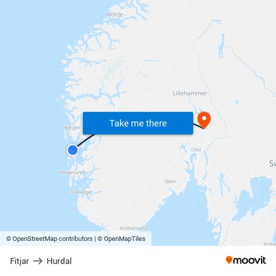Fitjar to Hurdal map