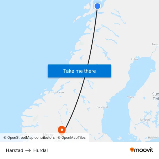 Harstad to Hurdal map