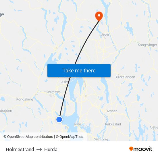 Holmestrand to Hurdal map