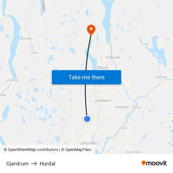 Gjerdrum to Hurdal map