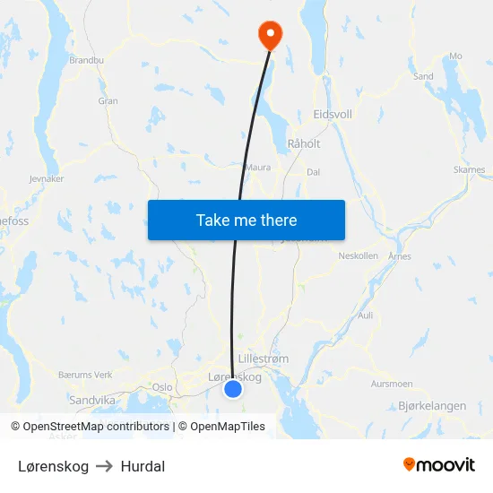 Lørenskog to Hurdal map