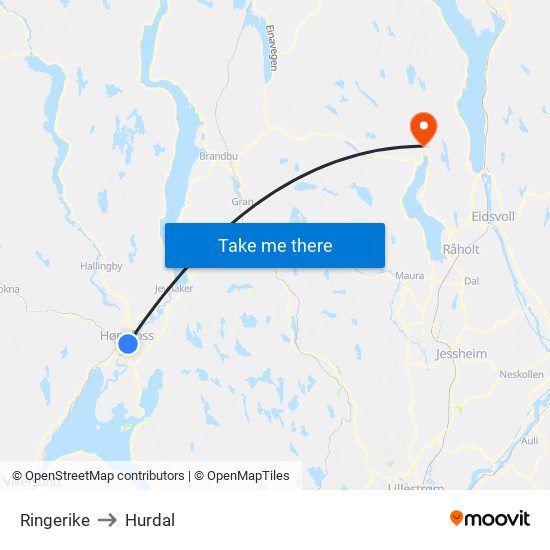 Ringerike to Hurdal map