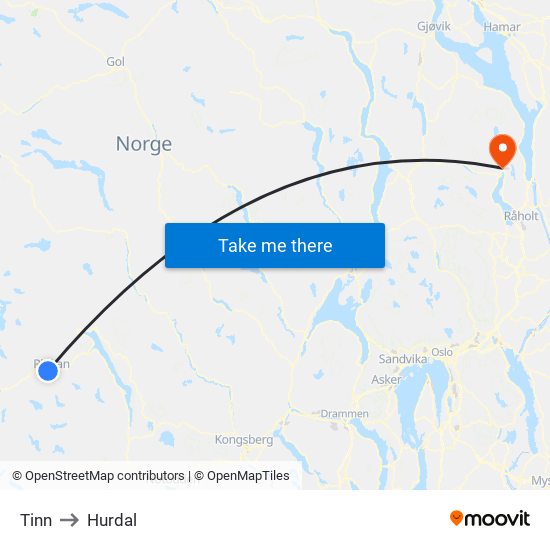 Tinn to Hurdal map