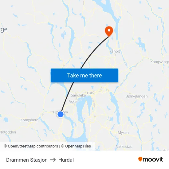 Drammen Stasjon to Hurdal map