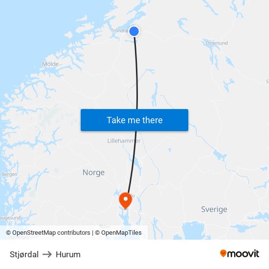 Stjørdal to Hurum map