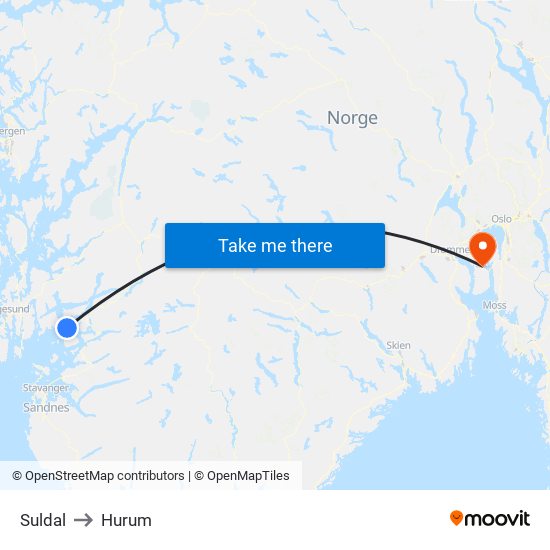 Suldal to Hurum map