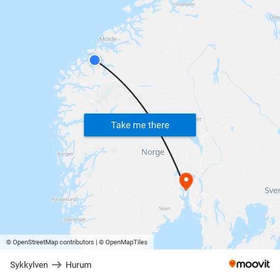 Sykkylven to Hurum map