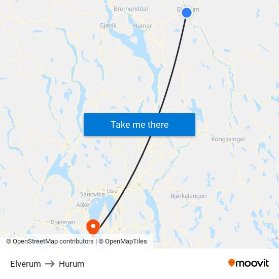 Elverum to Hurum map