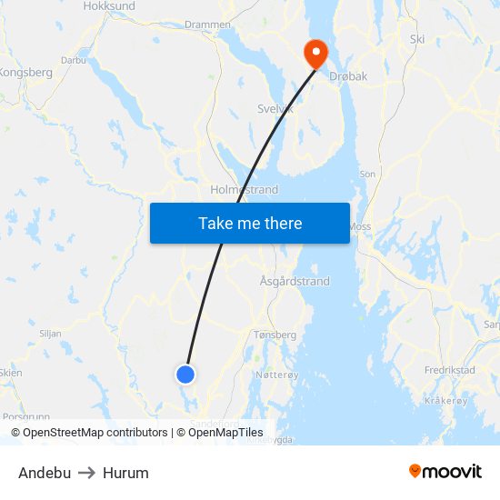 Andebu to Hurum map