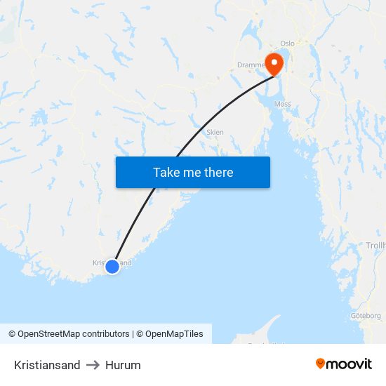 Kristiansand to Hurum map