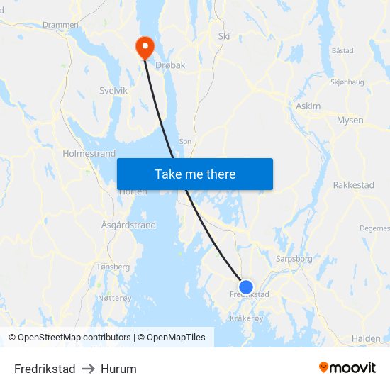 Fredrikstad to Hurum map