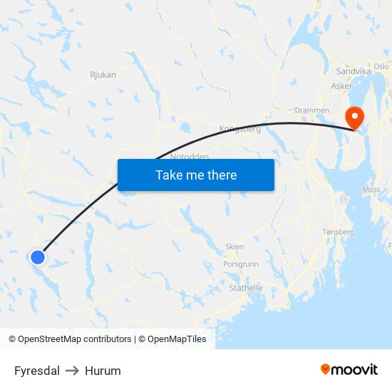 Fyresdal to Hurum map