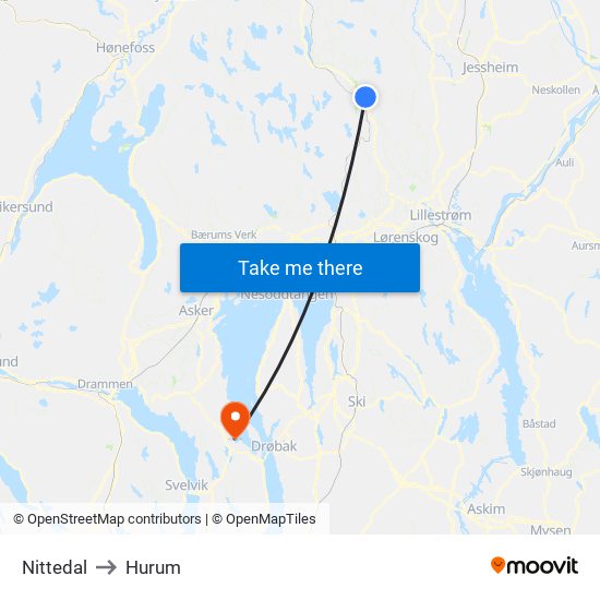 Nittedal to Hurum map