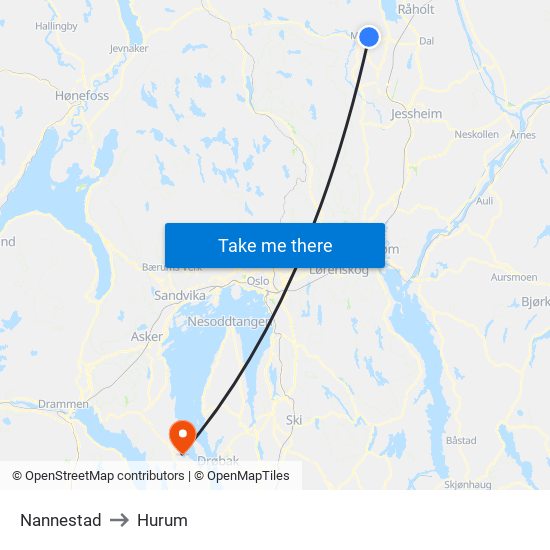 Nannestad to Hurum map