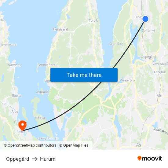 Oppegård to Hurum map