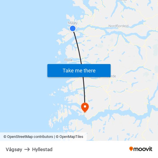 Vågsøy to Hyllestad map