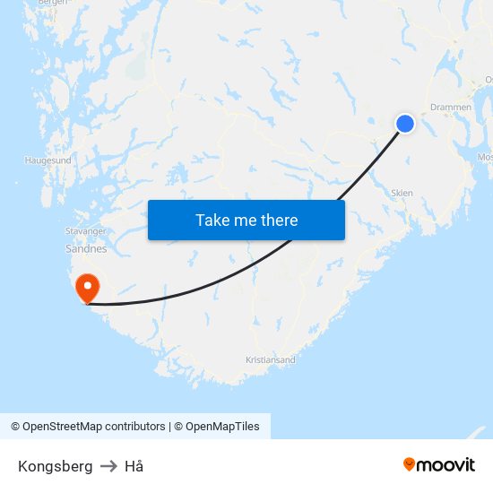 Kongsberg to Hå map