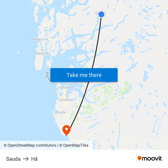 Sauda to Hå map