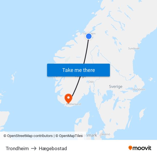 Trondheim to Hægebostad map